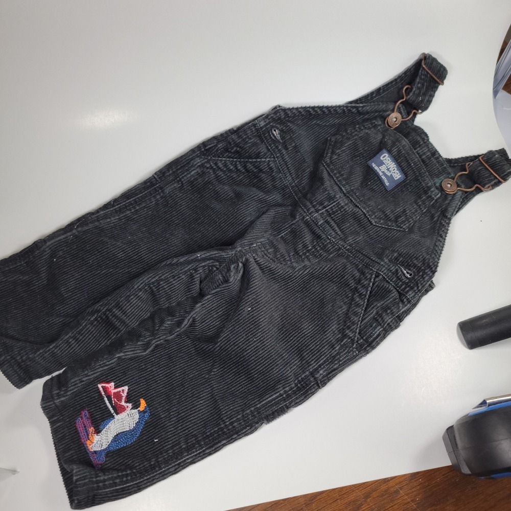 Oshkosh B'Gosh Overalls 6 Months Black Corduroy Vestbak Penguin Embroidered 6m‎